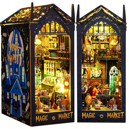 BuzzoXerex Book Nook Kit, DIY Miniature House, Miniatur Haus Holz, 3D Buch Ecke Miniatur Kit mit Möbeln und LED Leuchten für Hausdekoration Kreative Geschenken (Magischer Basar) von BuzzoXerex