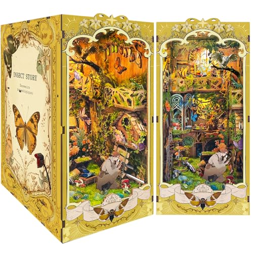 BuzzoXerex Book Nook Kit, DIY Book Nook Miniature House, Puppenhäuser Miniatur Haus Kit mit Staubschutzhülle, 3D Puzzles Holz Miniaturhaus Bücherregal Deko für ab 14 Jahren (Insekten) von BuzzoXerex