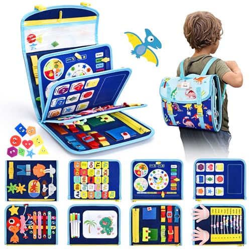 BuzzoXerex Busy Board für Kleinkinder, Filz Activity Board, 8 Seiten in 1 Quiet Book Kinder mit Zubehör für Auto und Flugreisen, Busy Board Deutsch Geschenk für Mädchen und Junge ab 1 Jahre (Blau) von BuzzoXerex