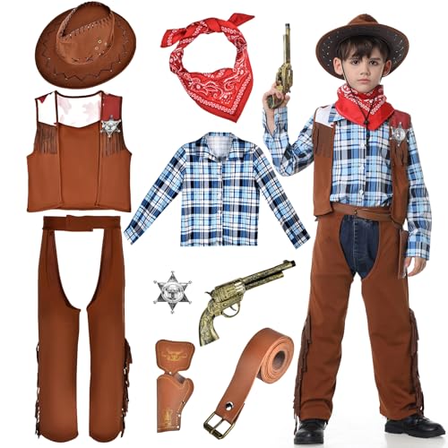 BuzzoXerex Cowboy Kostüm Kinder, 9 Stück Western Cowboy Set Kostüm, Cowboy Costume Kinder mit Cowboy Hemd, Cowboy Hut, Cowboy Halstuch Gürtel für Karneval, Cosplay Party, Bühnenshows (L) von BuzzoXerex