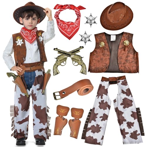 BuzzoXerex Cowboy Kostüm Kinder, Western Cowboy Set Kostüm, Cowboy Costume Kinder mit Cowboy Hut Cowboy Weste Cowboy Halstuch Gürtel für Karneval, Cosplay Party, Bühnenshows (A, L) von BuzzoXerex