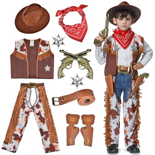 BuzzoXerex Cowboy Kostüm Kinder, Western Cowboy Set Kostüm, Cowboy Costume Kinder mit Cowboy Hut Cowboy Weste Cowboy Halstuch Gürtel für Karneval, Cosplay Party, Bühnenshows (B, L) von BuzzoXerex