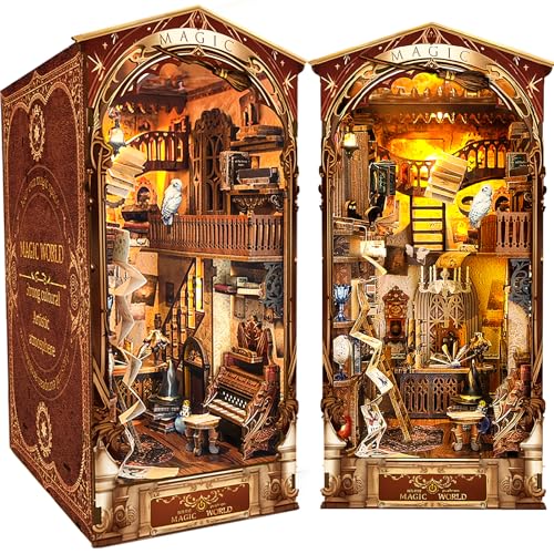 BuzzoXerex DIY Miniature House, DIY Book Nook Kit mit Staubschutzhaube, Miniatur Haus mit LED-Leuchten, 3D Puzzles Holz für Bücherregal Deko und Kreativen Geschenken (Magische Welt) von BuzzoXerex