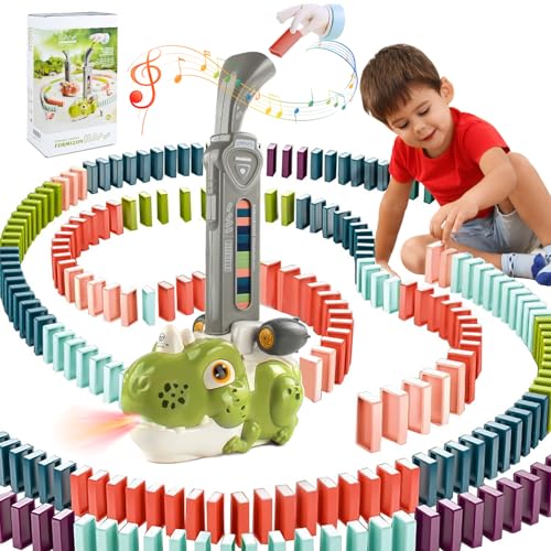 BuzzoXerex Dinosaurier Domino Zug Set, 80 Stück Domino Baustein Zug, Automatischer Dominozug Spielzeug mit Licht und Ton, Kreative Jungen und Mädchen 3 4 5 6 7 Jahre (Grüner) von BuzzoXerex