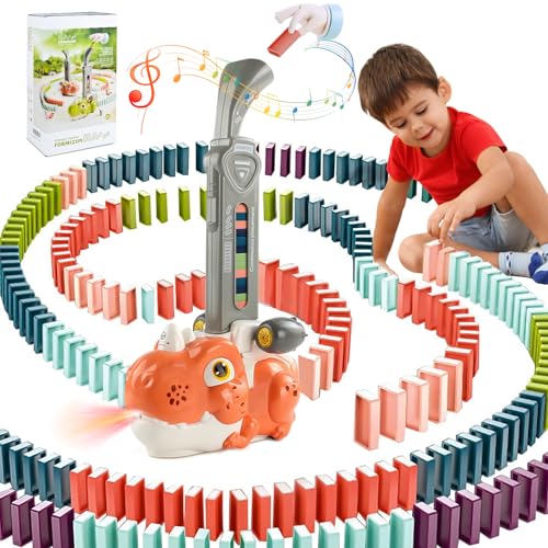 BuzzoXerex Dinosaurier Domino Zug Set, 80 Stück Domino Baustein Zug, Automatischer Dominozug Spielzeug mit Licht und Ton, Kreative Jungen und Mädchen 3 4 5 6 7 Jahre (Rot) von BuzzoXerex