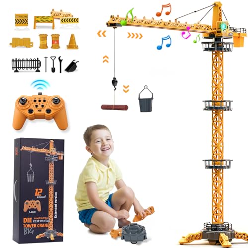 BuzzoXerex Ferngesteuerte Turmkran, 12 Kanäle 2,4 Hz RC Turmdrehkran, 680 Grad Rotation Ferngesteuerte Tower Crane mit Lichter Geräusche und Verkehrsschilder Set für Kinder (Gelb1) von BuzzoXerex