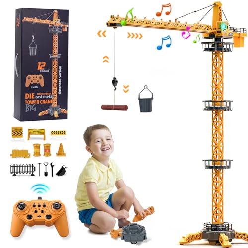 BuzzoXerex Ferngesteuerte Turmkran, 12 Kanäle 2,4 Hz RC Turmdrehkran, 680 Grad Rotation Ferngesteuerte Tower Crane mit Lichter Geräusche und Verkehrsschilder Set für Kinder (Gelb1) von BuzzoXerex