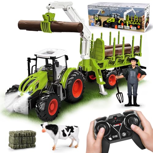 BuzzoXerex Ferngesteuerter Traktor Ferngesteuert, 1:16 RC Traktor mit Anhänger und Licht, 2.4 GHz Traktor Spielzeug mit Baumstämme, Kuh und Heuballen, Geschenk für Kinder ab 3 4 5 6 Jahre von BuzzoXerex