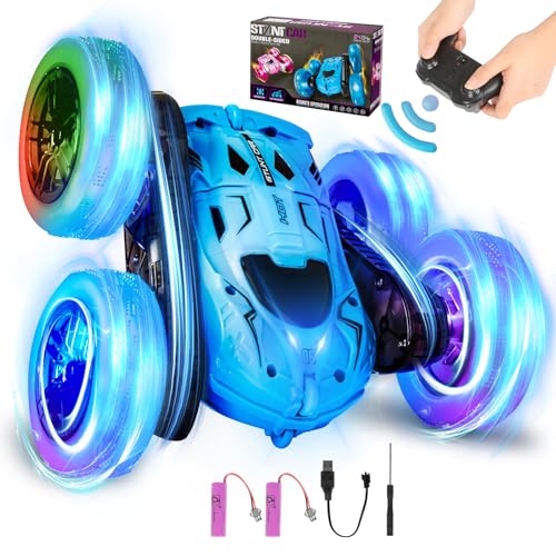 BuzzoXerex Ferngesteuertes Auto, 2.4Ghz RC Stunt Auto 360 Flip, Indoor Outdoor RC Auto Offroad All Terrain mit LED Blinken und 2 Aufladbarer Batterien für Geschenk Jungen Mädchen ab 3 Jahre (Blau) von BuzzoXerex