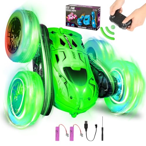 BuzzoXerex Ferngesteuertes Auto, 2.4Ghz RC Stunt Auto 360 Flip, Indoor Outdoor RC Auto Offroad All Terrain mit LED Blinken und 2 Aufladbarer Batterien für Geschenk Jungen Mädchen ab 3 Jahre (Grün) von BuzzoXerex