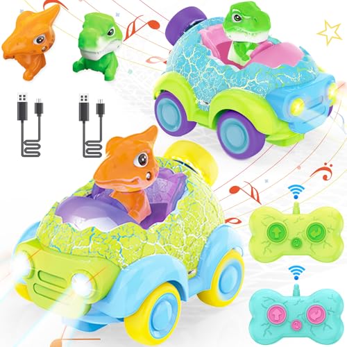 BuzzoXere Set Ferngesteuertes Auto Kinder, 2pcs Ferngesteuertes Dinosaurier Spielzeug für Kinder, Dino RC Auto für Kinder mit Lichtern und Musik, Geschenke für Jungen Mädchen 2 3 4 5 6 Jahre von BuzzoXerex