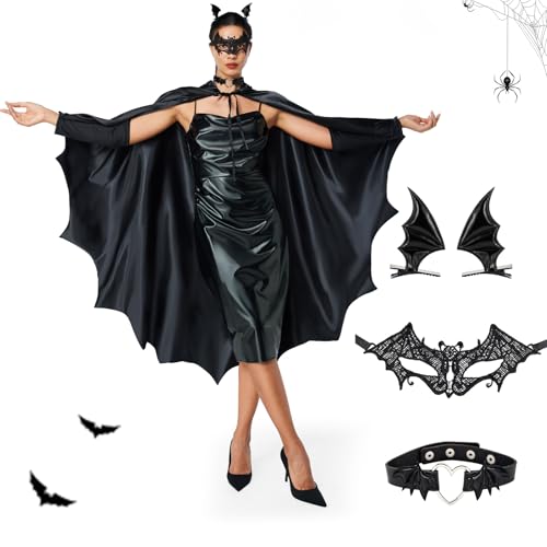 BuzzoXerex Fledermaus Kostüm Damen, Karneval Vampir Kostüm Damen, Fledermaus Umhang Kit für Damen mit Fledermaus Maske Damen, Haarnadeln, Halskette für Karneval Fasching Cosplay Party von BuzzoXerex