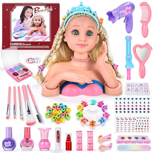 BuzzoXerex Frisierkopfpuppe für Kinder, Schminkpuppe Kinder Set, 60 Stück Waschbar Schmink und Frisierkopf Spielzeug Set mit Nagelaufkleber, Lippenstift, Haarnadeln Geschenk für Mädchen 3-10 Jahren von BuzzoXerex