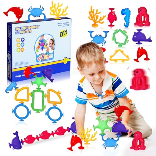 BuzzoXerex Großformat Saugnapf Spielzeug Kinder, 24 Stück Großformat Badewannen Spielzeug Kinder, Saugspielzeug Reise Spielzeug mit Aufbewahrungstasche, Geschenke für Kinder ab 3 Jahren von BuzzoXerex