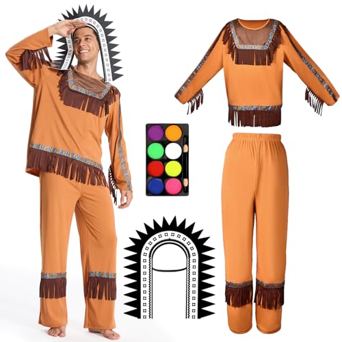 BuzzoXerex Indianer Kostüm Herren, Indianer Costume Herren, Indianerkostüm Herren Set mit Indianer Kopfschmuck, Gürtel, IIndianer Costume Herren Retro für Faschingskostüme Karneval Party Cosplay von BuzzoXerex