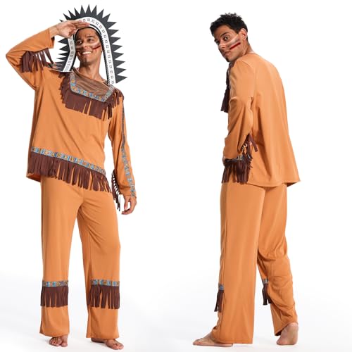 BuzzoXerex Indianer Kostüm Herren, Indianer Costume Herren, Indianerkostüm Herren Set mit Indianer Kopfschmuck, Gürtel, IIndianer Costume Herren Retro für Faschingskostüme Karneval Party Cosplay von BuzzoXerex