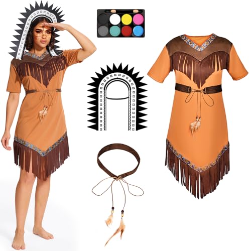 BuzzoXerex Indianer Kostüm Damen, Indianer Kleid Damen, Indianerkostüm Damen Set mit Indianer Kopfschmuck Damen, Gürtel, Indianer Accessoires Damen für Faschingskostüme Karneval Party (Weiblich, M) von BuzzoXerex