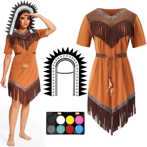 BuzzoXerex Indianer Kostüm Damen, Indianer Kleid Damen, Indianerkostüm Damen Set mit Indianer Kopfschmuck Damen, Gürtel, Indianer Accessoires Damen für Faschingskostüme Karneval Party(Weiblich, S) von BuzzoXerex