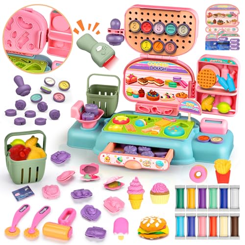 BuzzoXerex Knete Zubehör Kinder, Knete Dough Set Kasse Kinder Spielzeug, Spielkasse mit 12 Modelliermasse, Knetwerkzeug, Scanner, Einkaufswagen, Spielgeld, Geschenk für Rollenspiel Mädchen Junge 3+ von BuzzoXerex