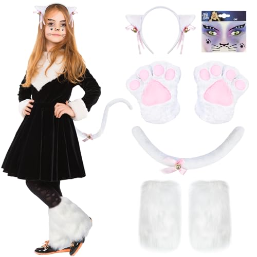 BuzzoXerex Katzenkostüm Kinder, Katzenschwanz Zubehör Set Cat Woman Kostüm Mädchen mit Katzenpfote Handschuhe, Katzenschwanz, Plüsch-Fußabdeckung und Katzenohren Haarreif für Karneval Halloween (Weiß) von BuzzoXerex