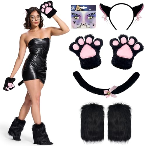 BuzzoXerex Katzenkostüm Damen, Katzenschwanz zubehör Set Cat Woman Kostüm Damen mit Katzenpfote Handschuhe, Katzenschwanz, Plüsch-Fußabdeckung und Katzenohren Haarreif für Karneval Halloween (Schwarz) von BuzzoXerex