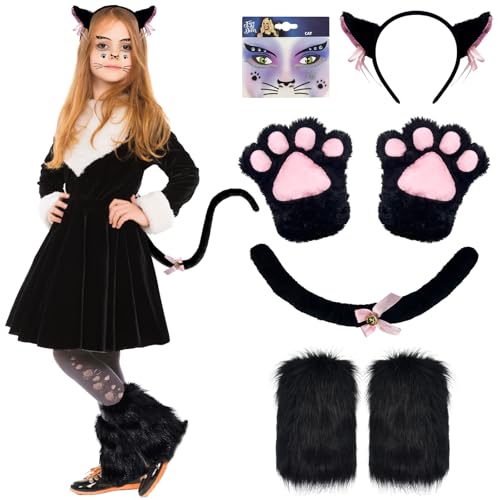 BuzzoXerex Katzenkostüm Kinder, Katzenschwanz zubehör Set Cat Woman Kostüm Mädchen mit Katzenpfote Handschuhe, Katzenschwanz, Katzenohren & Plüsch-Fußabdeckung für Karneval Halloween (Schwarz) von BuzzoXerex