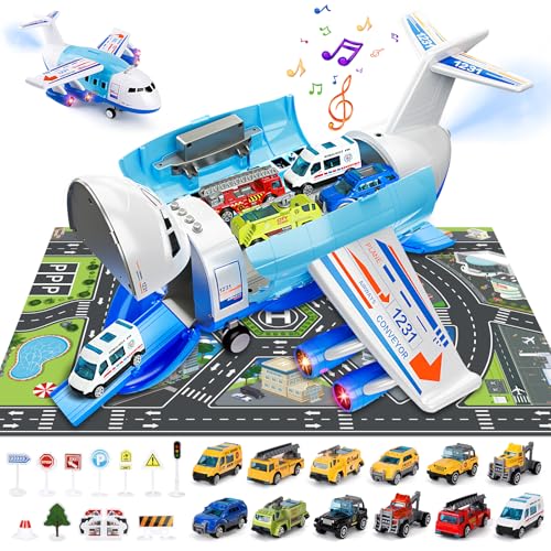 BuzzoXerex Transport Flugzeug Spielzeug, Frachtflugzeug mit Lichtern, Geräuschen und Zerstäuben, Flugzeugspielzeug Set mit 12 Teiliges Spielzeugauto, Lernspielzeug für Kinder ab 3 4 5 Jahre von BuzzoXerex