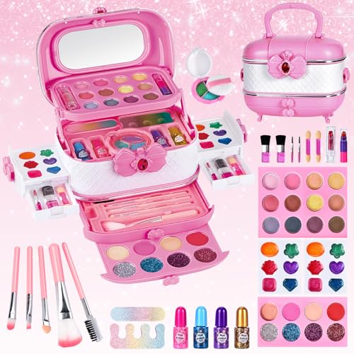 BuzzoXerex Kinderschminke Set Mädchen, Schminkkoffer Mädchen 53 Stück Waschbar Schminke Kinder Make Up Spielzeug Set mit Schminkspiegel, Kosmetikpinsel und Lippenstift für Mädchen 3 -10 Jahre von BuzzoXerex