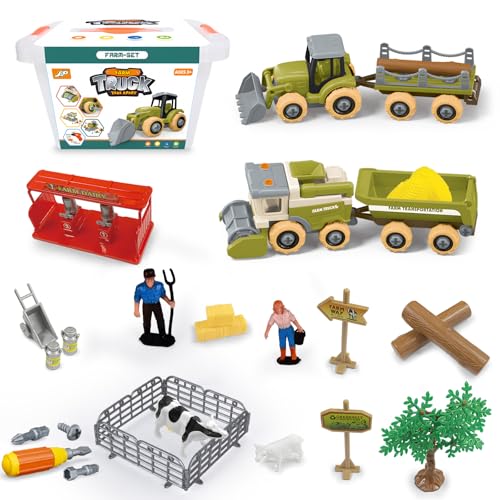 BuzzoXerex Set Traktor Spielzeug Kinder, Bauernhof Spielzeug Kinder, DIY Set Montage Traktor mit Anhänger, Tieren, Landwirt, Zaun, Lernspielzeug Geschenke für Mädchen Jungen 3 4 5 6 7 8+ Jahre von BuzzoXerex