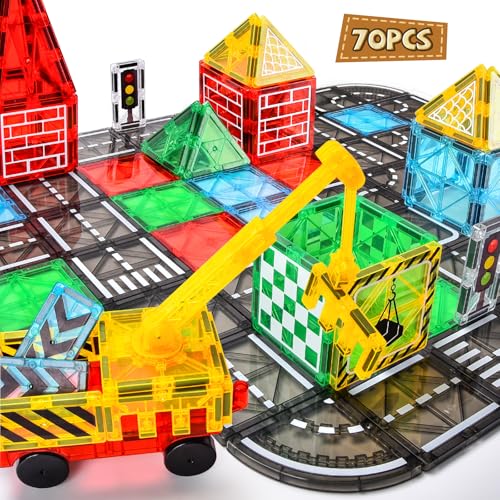 BuzzoXerex Magnetische Bausteine Stadtstraßen Set, 70 Magnetische Fliesen Straßenset, Magnetbausteine Set mit Ausfahrbarem Magnetkran, Magnet Spielzeug für Kinder ab 3 4 5 6 Jahre von BuzzoXerex