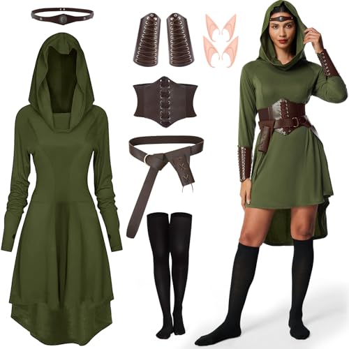 BuzzoXerex Mittelalter Kleidung Damen, Renaissance Kleid Damen mit Kapuze, Halloween Gothic kleidung Damen mit Korsett, Gü rtel, schwarzen Kniestrümpfen, für Halloween, Karneval (Grün+Braun, 2XL) von BuzzoXerex