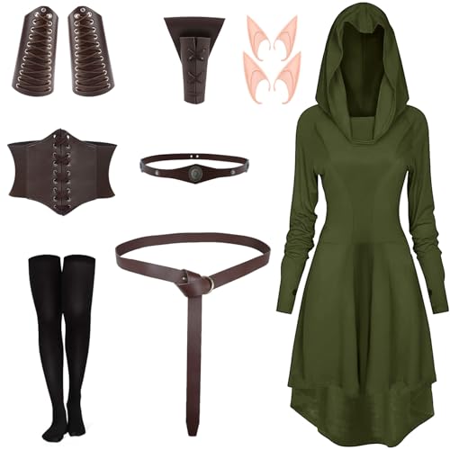 BuzzoXerex Mittelalter Kleidung Damen, Renaissance Kleid Damen mit Kapuze, Halloween Gothic kleidung Damen mit Korsett, Gü rtel, schwarzen Kniestrümpfen, für Halloween, Karneval (Grün+Braun, L) von BuzzoXerex