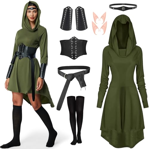 BuzzoXerex Mittelalter Kleidung Damen, Renaissance Kleid Damen mit Kapuze, Halloween Gothic kleidung Damen mit Korsett, Gü rtel, schwarzen Kniestrümpfen, für Halloween, Karneval (Grün+Schwarz, XL) von BuzzoXerex