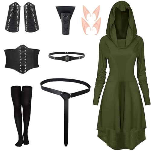 BuzzoXerex Mittelalter Kleidung Damen, Renaissance Kleid Damen mit Kapuze, Halloween Gothic kleidung Damen mit Korsett, Gü rtel, schwarzen Kniestrümpfen, für Halloween, Karneval (Grün+Schwarz, 2XL) von BuzzoXerex