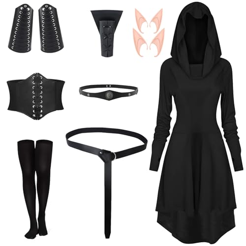 BuzzoXerex Mittelalter Kleidung Damen, Renaissance Kleid Damen mit Kapuze, Halloween Gothic kleidung Damen mit Korsett, Gü rtel, schwarzen Kniestrümpfen, für Halloween, Karneval (Schwarz, 2XL) von BuzzoXerex