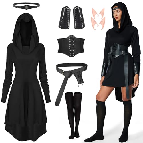 BuzzoXerex Mittelalter Kleidung Damen, Renaissance Kleid Damen mit Kapuze, Halloween Gothic kleidung Damen mit Korsett, Gü rtel, schwarzen Kniestrümpfen, für Halloween, Karneval (Schwarz, 2XL) von BuzzoXerex