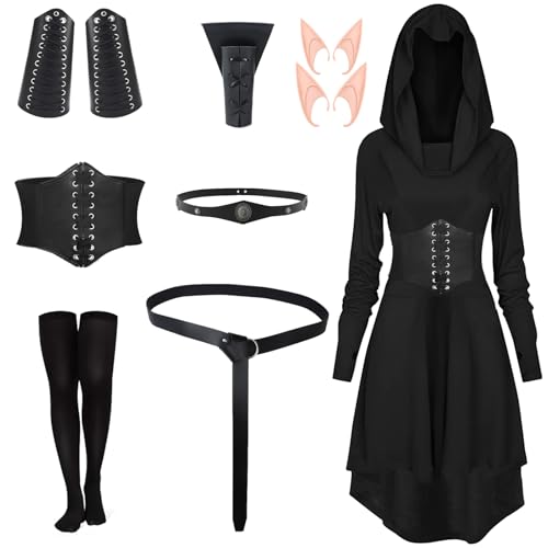 BuzzoXerex Mittelalter Kleidung Damen, Renaissance Kleid Damen mit Kapuze, Halloween Gothic kleidung Damen mit Korsett, Gü rtel, schwarzen Kniestrümpfen, für Halloween, Karneval (Schwarz, XL) von BuzzoXerex