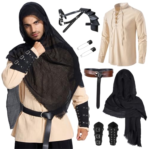 BuzzoXerex Mittelalter Kleidung Herren Set, Mittelalter Ritter Set, 5Pcs Herren Renaissance Kostüm Set mit Mittelalterliches Piratenhemd, Gürtel, Schal, Handgelenkschützer, Lederschulterpolster von BuzzoXerex