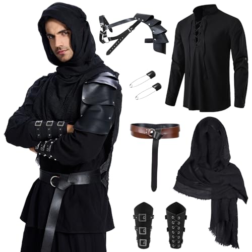 BuzzoXerex Mittelalter Kleidung Herren Set, Mittelalter Ritter Set, 5Pcs Herren Renaissance Kostüm Set mit Mittelalterliches Piratenhemd, Gürtel, Schal, Handgelenkschützer, Lederschulterpolster von BuzzoXerex