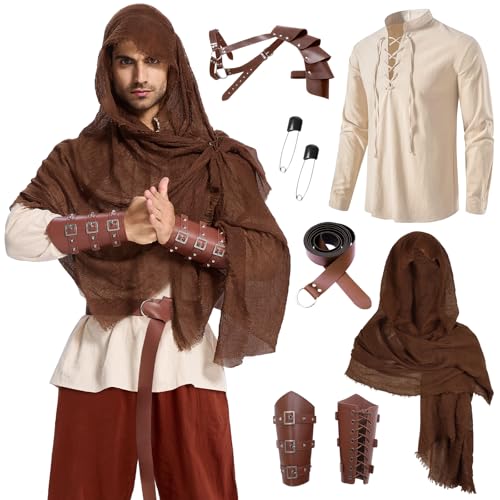 BuzzoXerex Mittelalter Kleidung Herren Set, Mittelalter Ritter Set, 5Pcs Herren Renaissance Kostüm Set mit Mittelalterliches Piratenhemd, Gürtel, Schal, Handgelenkschützer, Lederschulterpolster von BuzzoXerex