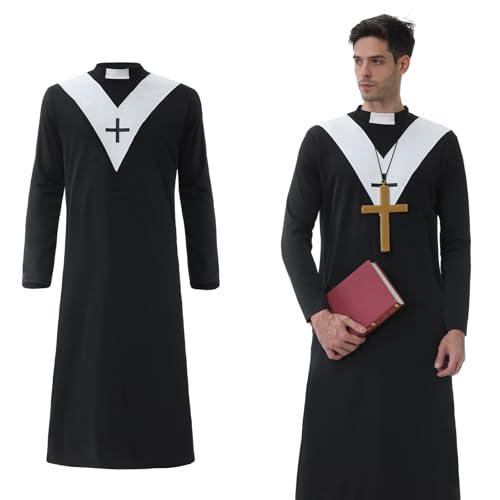 BuzzoXerex Priester Kostüm Herren, Priester Robe Schwarze für Erwachsene, Mönch Kostüm Herren, Pfarrer Kostüm für Karneval, Fasching & Halloween (L) von BuzzoXerex