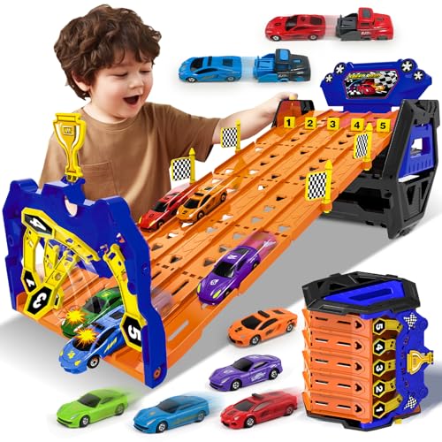 BuzzoXerex 5 Spuren Auto Rennbahn, Transport LKW mit 5 Autos, Portable Spielzeug Autorennbahn aufbewahrung Auto für Kinder, Spielzeug Autos Geschenk für Jungen 3 4 5 6 7 8 Jahren von BuzzoXerex