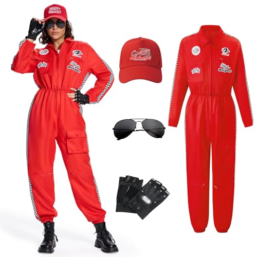 BuzzoXerex Rennfahrer Kostüm Damen, Rennfahrer Anzug Damen mit Handschuhe, Hüte, Sonnenbrille für Karneval, Party, Cosplay (Rot, M) von BuzzoXerex