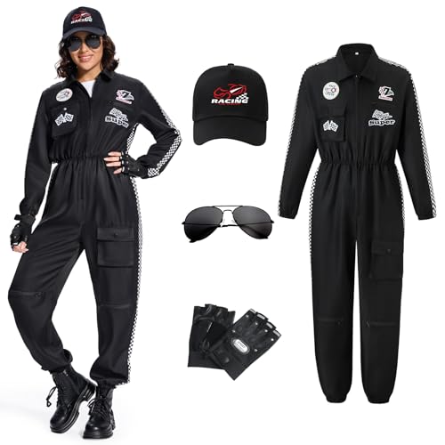 BuzzoXerex Rennfahrer Kostüm Damen, Rennfahrer Anzug Damen mit Handschuhe, Hüte, Sonnenbrille für Karneval, Party, Cosplay (Schwarz, L) von BuzzoXerex