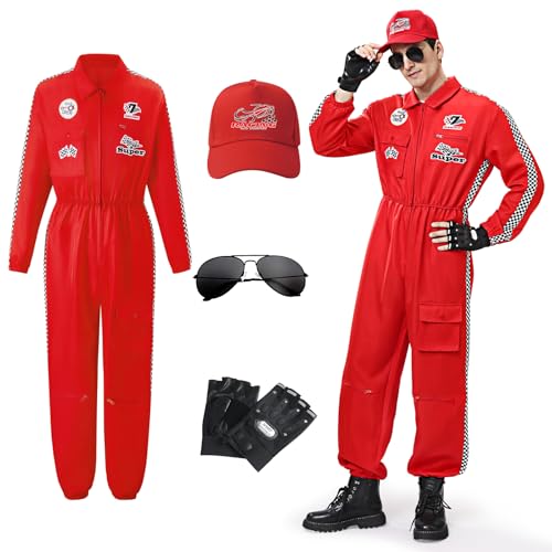 BuzzoXerex Rennfahrer Kostüm Herren, Rennfahrer Anzug Herren mit Hüte, Sonnenbrille, Handschuhe für Karneval, Party, Cosplay (Rot, 2XL) von BuzzoXerex