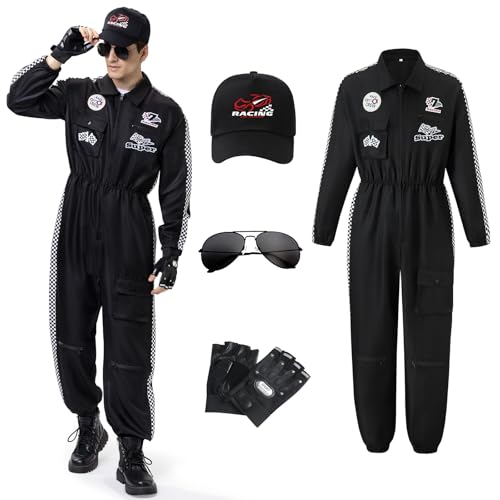 BuzzoXerex Rennfahrer Kostüm Herren, Rennfahrer Anzug Herren mit Hüte, Sonnenbrille, Handschuhe für Karneval, Party, Cosplay (Schwarz, 2XL) von BuzzoXerex