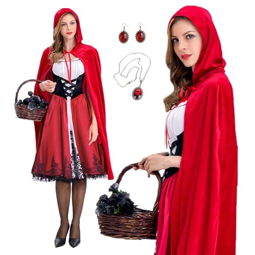 BuzzoXerex Rotkäppchen Kostüm für Damen, Rotkäppchen Kleid und Umhang mit Kapuze Karneval, Prinzessin Kostüm Red Riding Hood Outfits Erwachsene für Faschings Cosplay (2XL) von BuzzoXerex