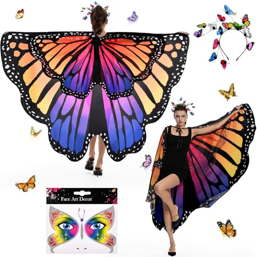 BuzzoXerex Schmetterling Kostüm Damen, Schmetterlingsflügel Erwachsene Zweistufiges, Schmetterling Umhang Damen Set mit Schmetterling Haarreif, Gesicht Aufkleber Faschingskostüme für Karnevel Cosplay von BuzzoXerex