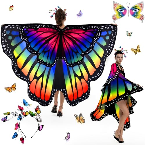 BuzzoXerex Schmetterling Kostüm Damen, Schmetterlingsflügel Erwachsene Zweistufiges, Schmetterling Umhang Damen Set mit Schmetterling Haarreif, Gesicht Aufkleber Faschingskostüme für Karnevel Cosplay von BuzzoXerex