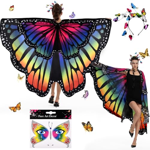 BuzzoXerex Schmetterling Kostüm Damen, Schmetterlingsflügel Erwachsene Zweistufiges, Schmetterling Umhang Damen Set mit Schmetterling Haarreif, Gesicht Aufkleber Faschingskostüme für Karnevel Cosplay von BuzzoXerex